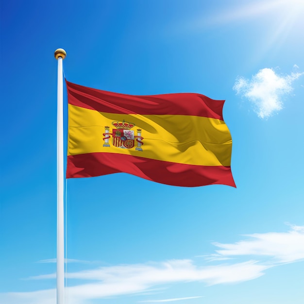 Agitando la bandera de España en el mástil con el fondo del cielo