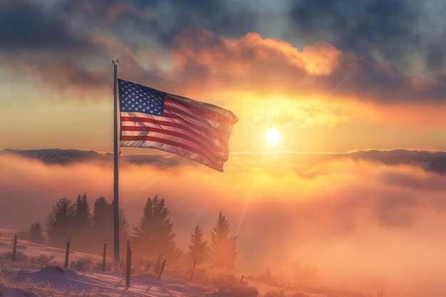 Foto agitando la bandera del estado de wyoming en lo alto de la niebla del amanecer, la bandera estadounidense vuela alto sobre los nebulosos apalaches.