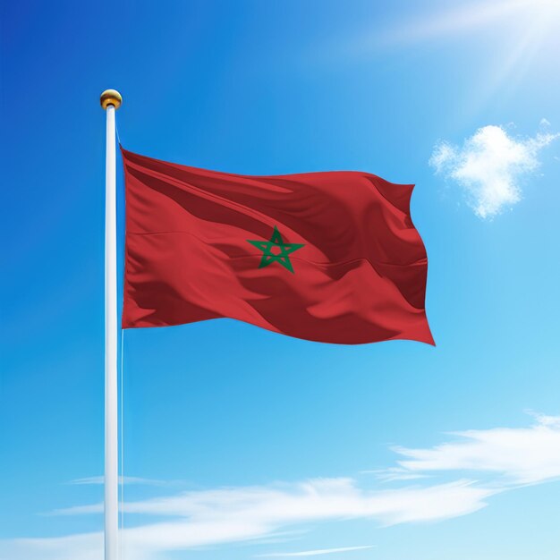 Foto agitando la bandera de marruecos en el mástil con el fondo del cielo
