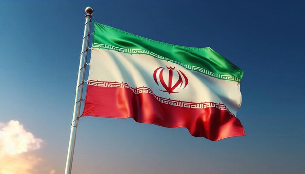 Agitando la colorida bandera de Irán en el cielo azul