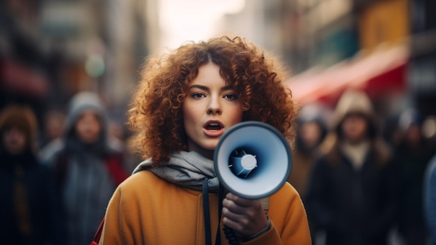 Agitatora femenina vocalizando con altavoz durante una parada con una asamblea de manifestantes detrás de ella