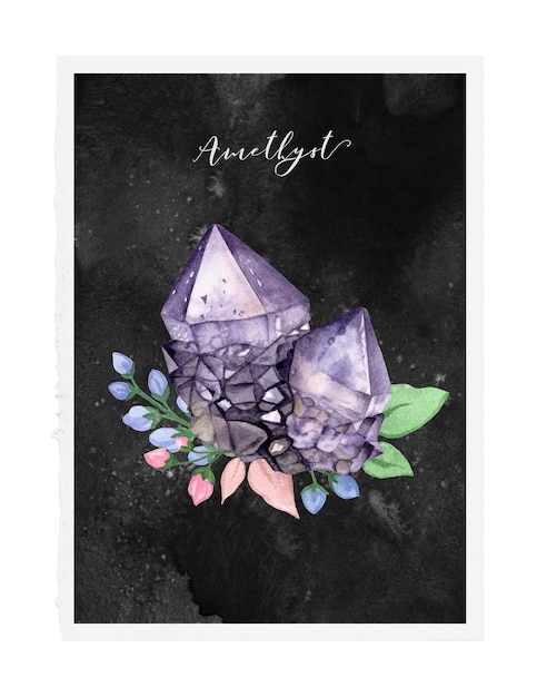 Aglomerado de cristal ametista aquarela com flores e folhas em fundo preto