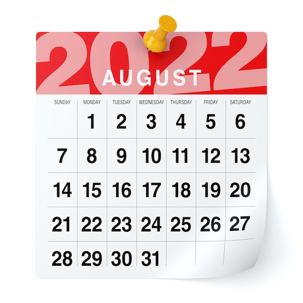 Agosto de 2022 - calendario. Aislado sobre fondo blanco. Ilustración 3D