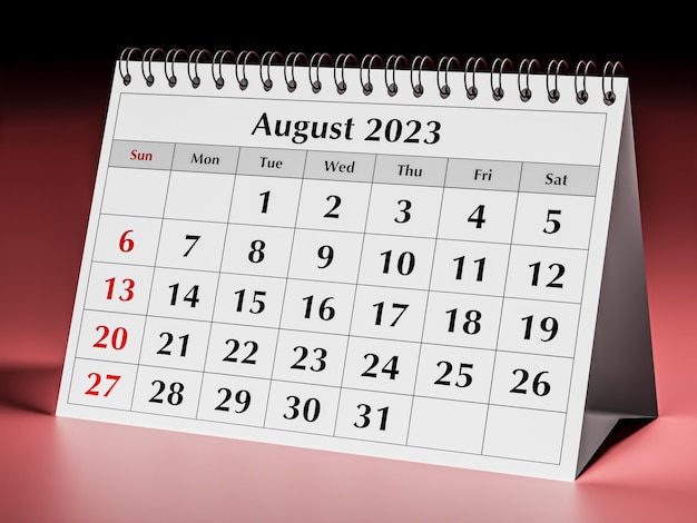 Agosto de 2023 Una página del calendario mensual anual del escritorio de negocios
