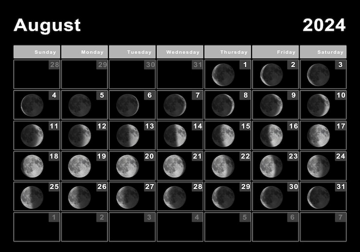 Agosto 2024 calendario lunar, ciclos lunares, fases lunares Foto Premium