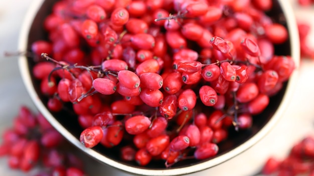 Agracejo fresco en un cuenco. Frutos rojos de agracejo.