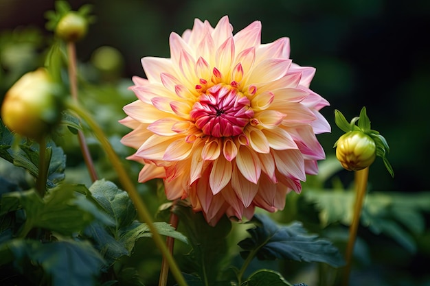 Agraciada Dalia en medio de una exuberante vegetación Flor rosa y amarilla suave