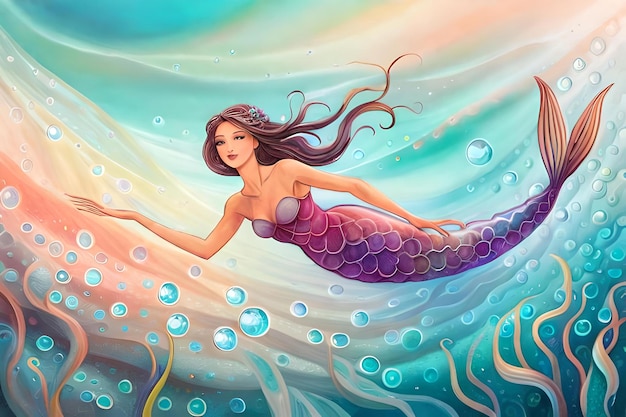 Agraciada sirena nadando en burbujas iridiscentes