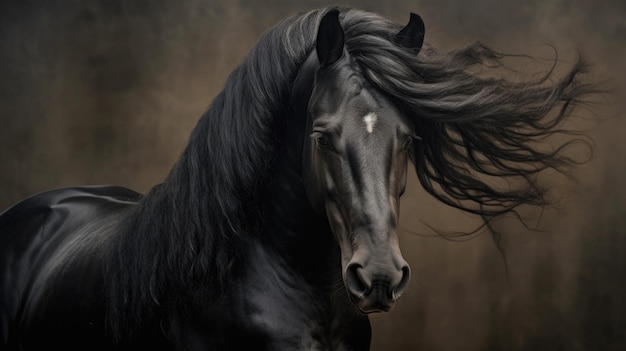 Agraciado caballo negro con lujosa melena mira a la cámara