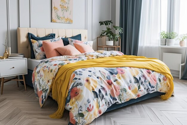 Un agradable dormitorio de moda con ropa de cama de colores.