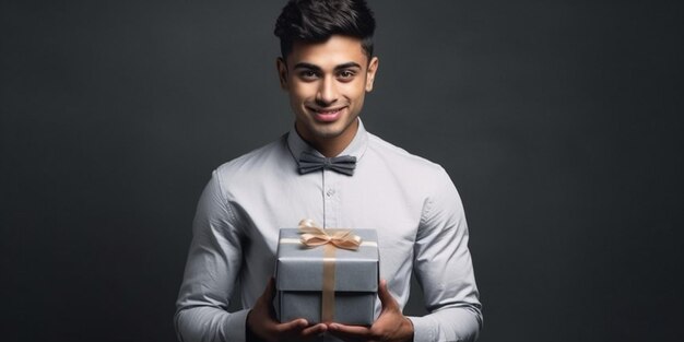 Un agradable joven indio felizmente sorprendido con un regalo en sus manos con un fondo gris
