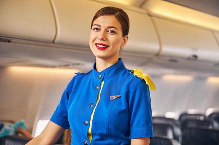 Agradável aeromoça em pé no corredor do avião