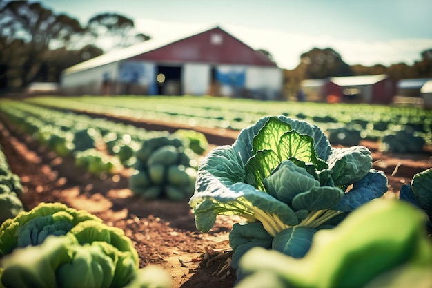 Agrarlandschaft mit Bio-Kohl, der auf Gemüsebauernhof wächst