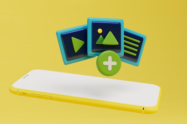 Foto agregue archivos de video a su teléfono inteligente y botones para agregar video en un render 3d de fondo amarillo