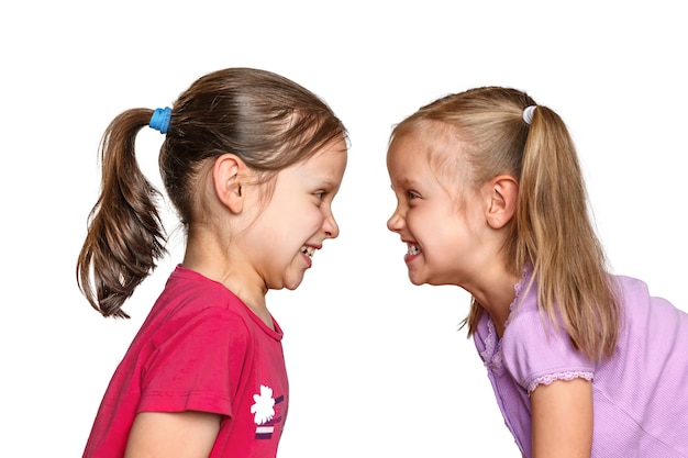 La agresión y la pelea entre dos niñas Los niños se pelean sobre un fondo blanco.