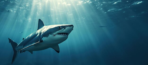 Foto agresivo depredador de peces tiburón nadando bajo el agua en el océano imagen generada por ia