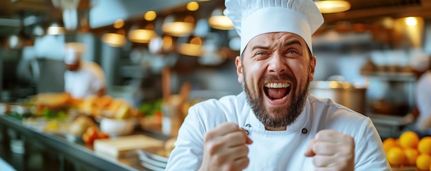 Foto agresivo emocionalmente enojado hombre chef con sombrero blanco grita en la cocina en un restaurante