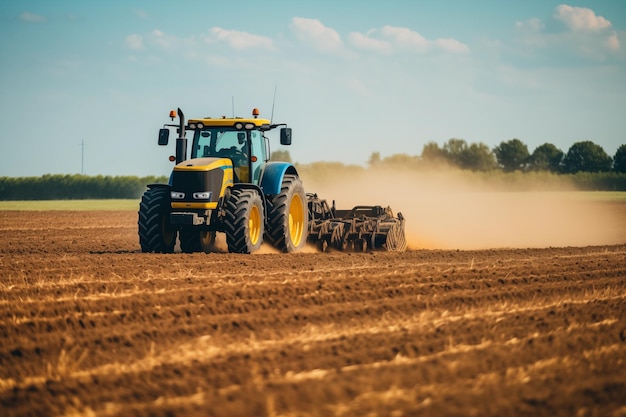 Agricultor a conduzir um tractor através de campos dourados intermináveis IA generativa