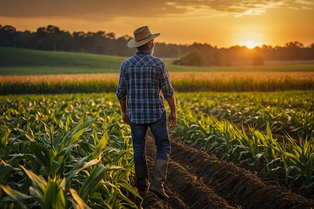 Agricultor a desfrutar do pôr-do-sol sobre um campo de milho a refletir sobre agricultura sustentável e alimentos saudáveis com amplo espaço para publicidade