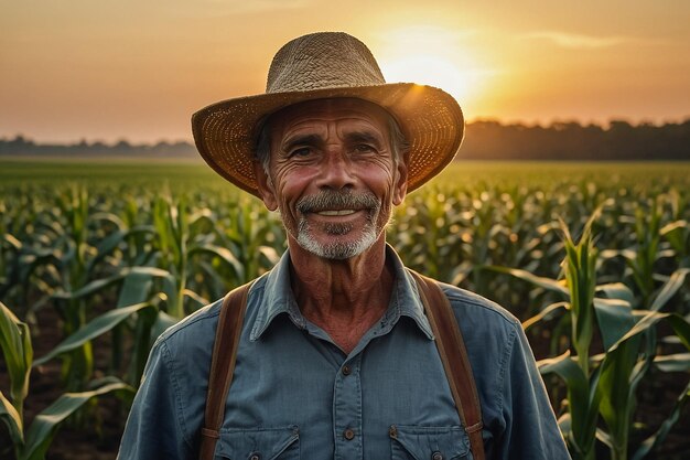 Agricultor a desfrutar do pôr-do-sol sobre um campo de milho a refletir sobre agricultura sustentável e alimentos saudáveis com amplo espaço para publicidade