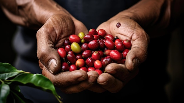 Agricultor a recolher bagas vermelhas grãos de café criados com tecnologia de IA generativa
