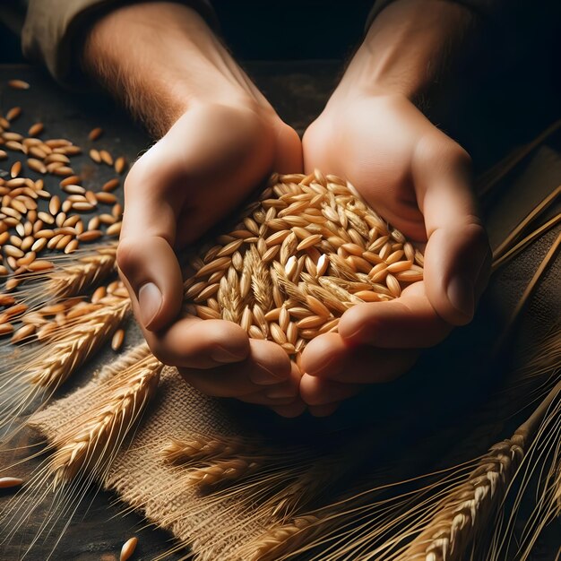 Agricultor aconchegando um punhado de grãos de trigo durante a época da colheita