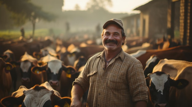 Agricultor adulto médio com vacas em uma fazenda de vacas Generative AI