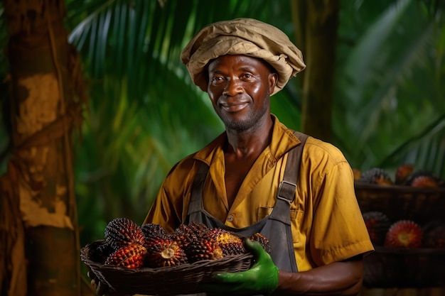 Agricultor africano produzindo frutas geradas por IA