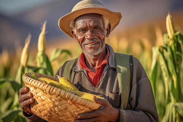 Agricultor africano trabajando en una plantación de maíz generada por IA