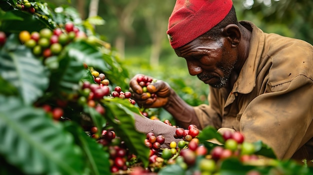Agricultor africano trabajando en su campo de café de Tanzania con un gran espacio de copia IA generativa