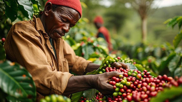Agricultor africano trabajando en su campo de café de Tanzania con un gran espacio de copia IA generativa