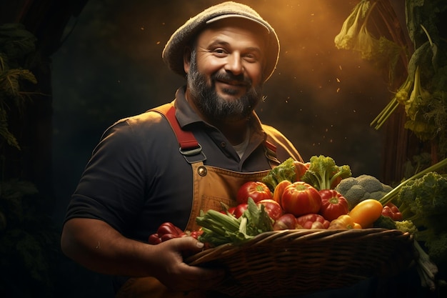 Un agricultor agarrando una canasta llena de verduras orgánicas