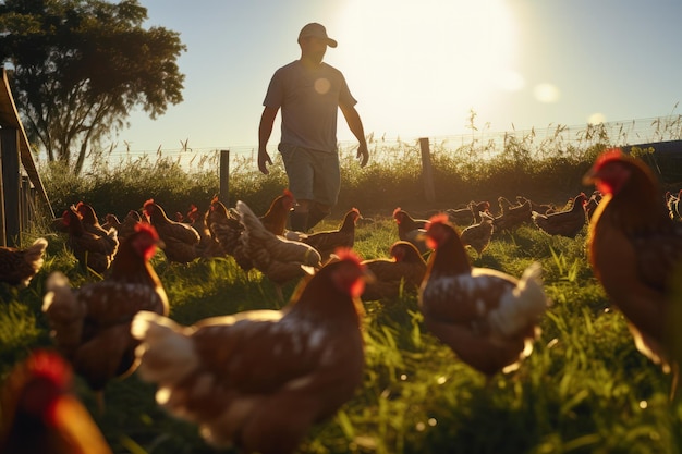 Agricultor agrícola sustentável cuida de galinhas caipiras em uma área agrícola ecologicamente correta