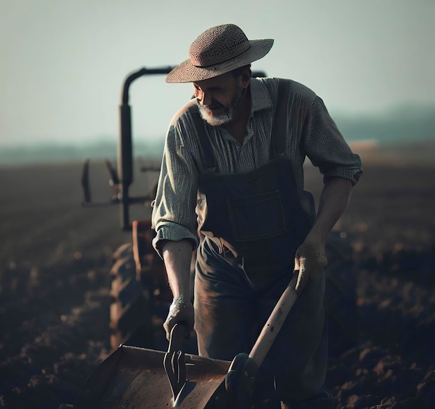 Foto agricultor de agricultura rural con tractor y arado