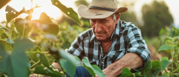 Un agricultor agronomo experimentado inspecciona los cultivos antes de la cosecha en un campo de soja orgánica