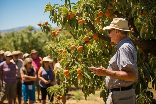 Agricultor de albaricoques compartiendo historias con los visitantes en la fotografía de imágenes de albaricoque 4K