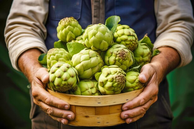 Agricultor con alcachofas recién cosechadas Cultivo ecológico y concepto de empresa agrícola