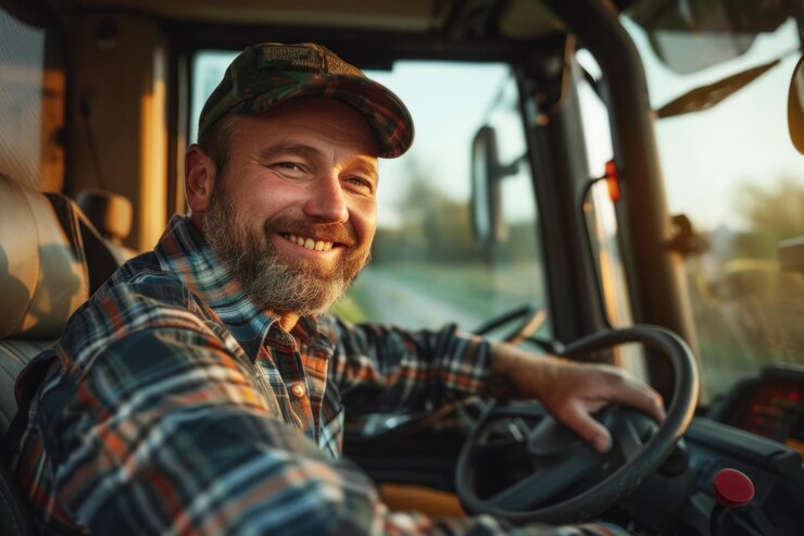 Foto agricultor alegre com barba a conduzir um tractor banhado no caloroso brilho de um pôr-do-sol