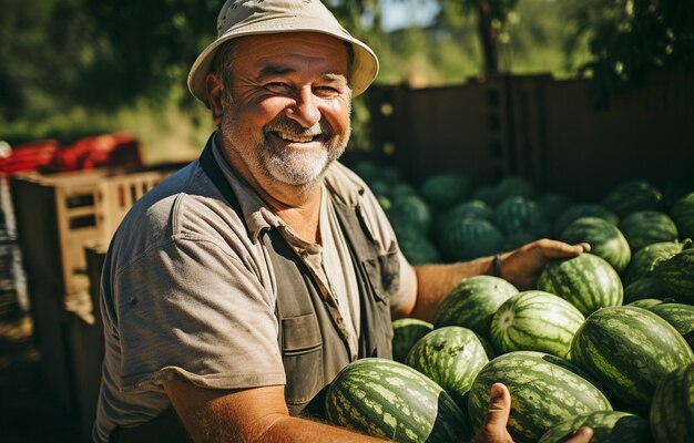 Un agricultor alegre lleva un gran contenedor lleno de sandías recién cosechadas