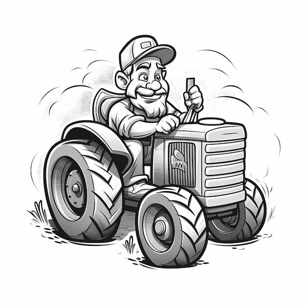 Foto agricultor alegre y tractor página de dibujos animados en blanco y negro para colorear