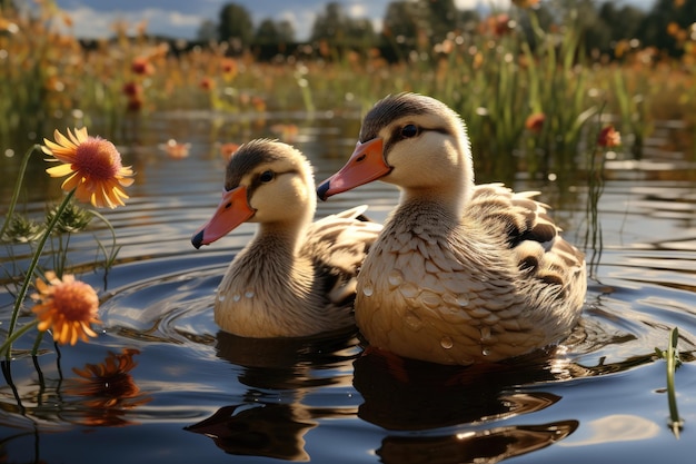 Agricultor alimentando a los patos junto al estanque Cobertizo de patos con patos descansando en el interior de la granja Generado con IA