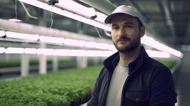 Foto un agricultor ambicioso mirando la cámara en la granja interior sonriendo alegremente ai generativo aig 20