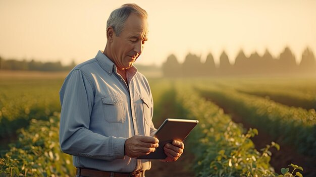 Foto un agricultor anciano con confianza de pie en su campo arado experto en el manejo de maquinaria agrícola con una tableta digital