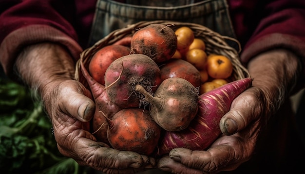 Agricultor anciano con patatas crudas frescas en una canasta de verduras rústica generada por IA