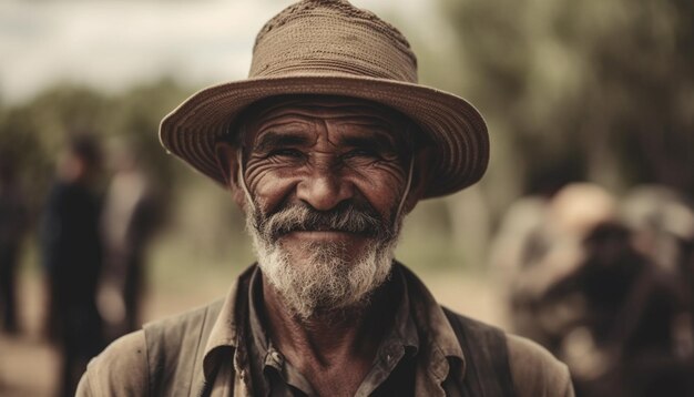 Agricultor anciano sonriente con ropa tradicional sentado al aire libre en una granja generada por inteligencia artificial