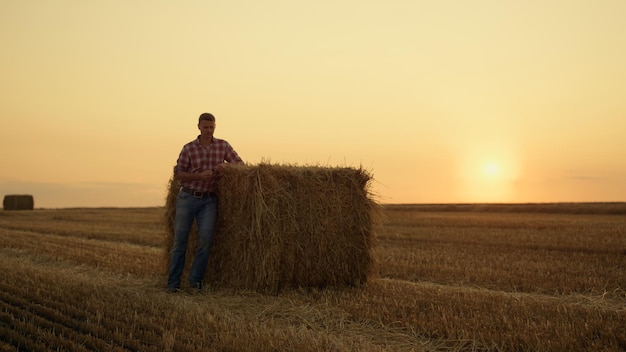 Agricultor anda no campo de palheiro na paisagem rural do pôr do sol dourado Conceito de cultura agro