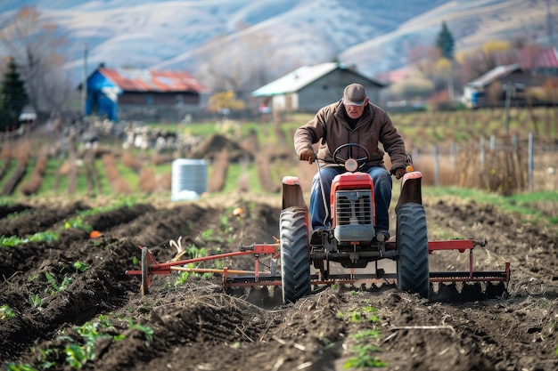 Foto agricultor arando el campo con un tractor en un paisaje rural