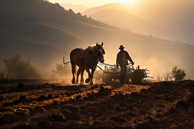 Un agricultor arando sus campos durante las primeras horas de la mañana Ai generativo