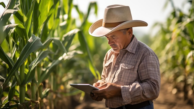 Agricultor asiático en un campo de maíz que crece usando una tableta digital para revisar la cosecha