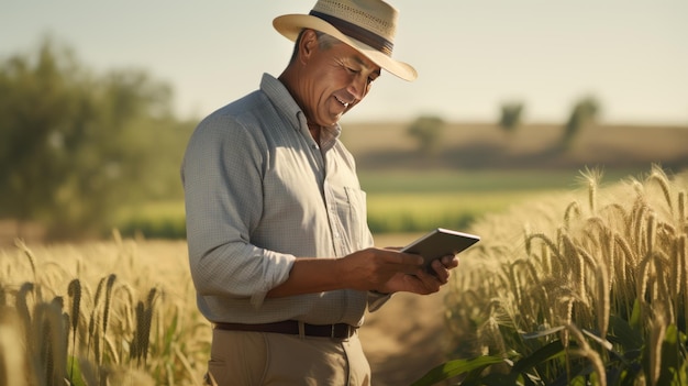 Agricultor asiático en un campo de maíz que crece usando una tableta digital para revisar la cosecha